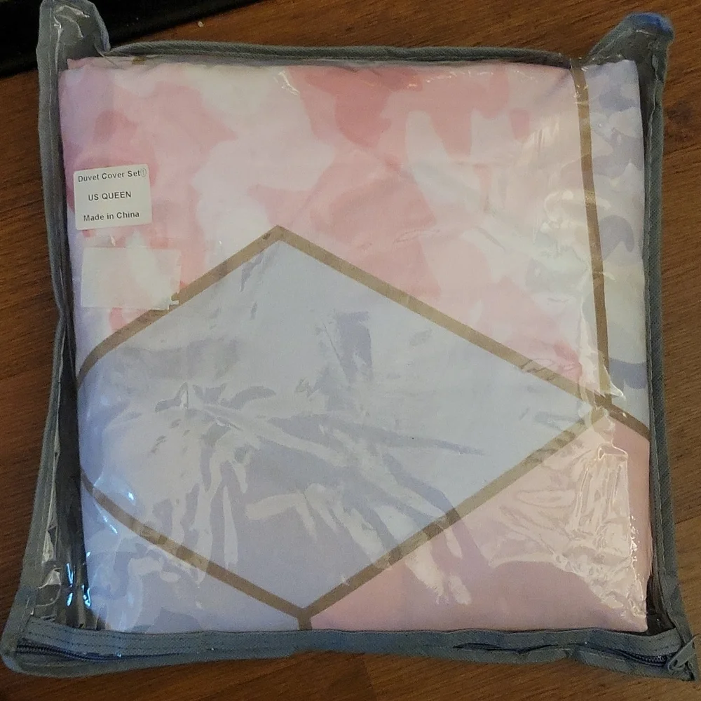 PINK & GRAY TRIANGLE 3 pc Duvet Cover Set zipper QUEEN 2 pillowcase cotton NEW…